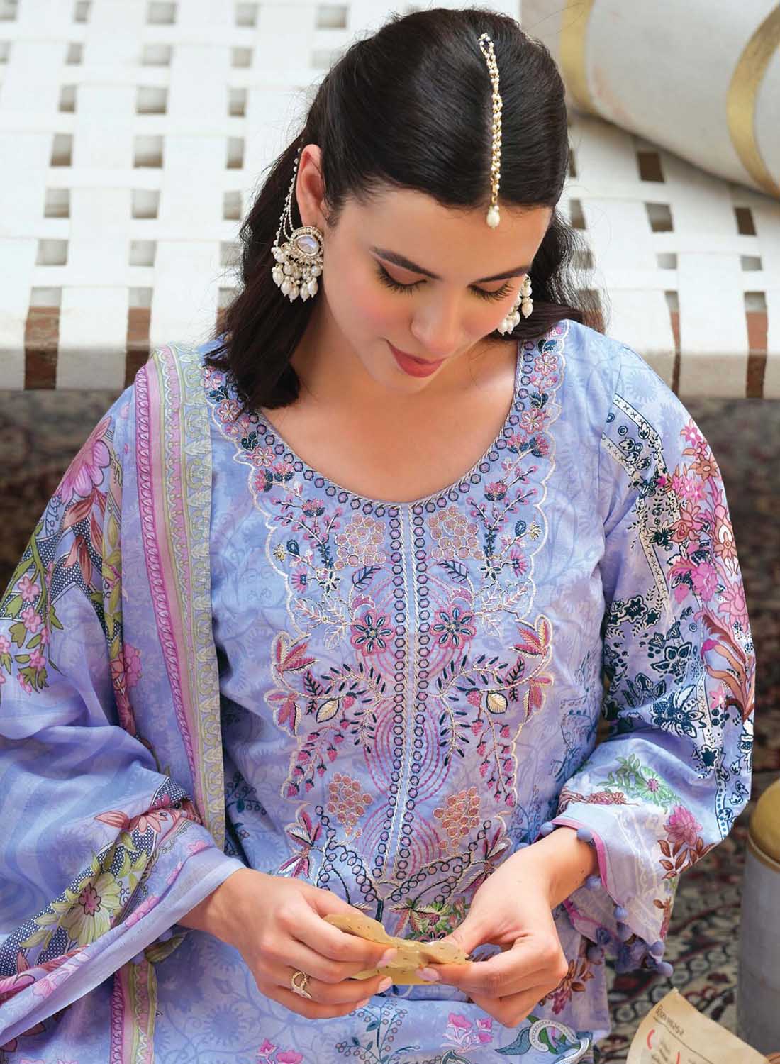 Pakistani Print Unstitched Pure Cotton Suit Material with Embroidery