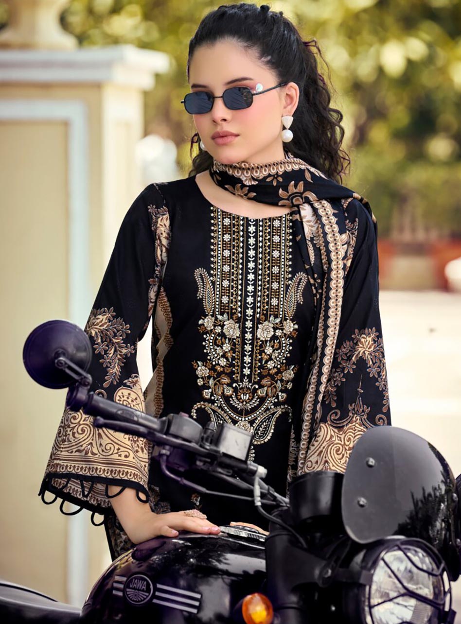 Black Pure Cotton Pakistani Print Unstitched Suit Material with Embroidery
