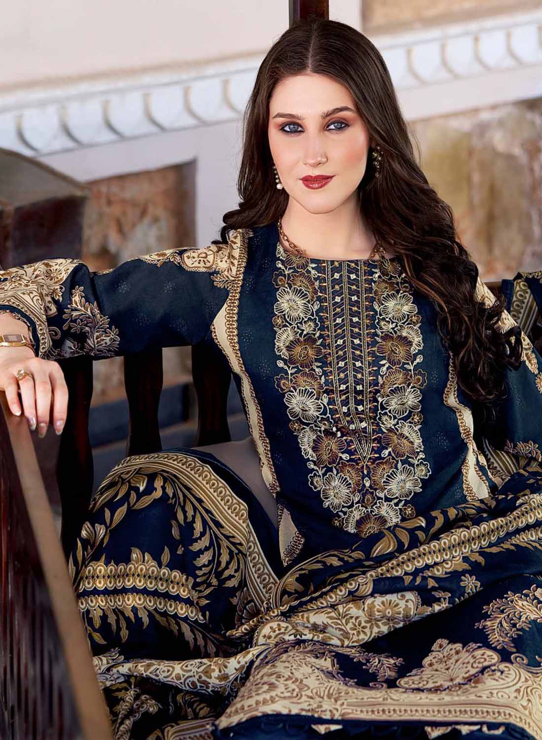 Pakistani Print Blue Unstitched Pure Cotton Suit Dress Material with Embroidery