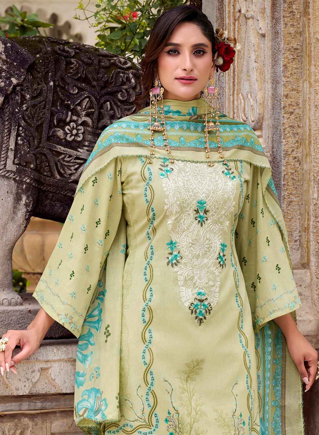 Green Pure Cotton Pakistani Print Unstitched Suit Set with Embroidery