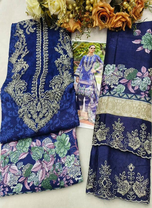 Pure Cotton Pakistani Suit Blue Unstitched Material with Embroidery Patch