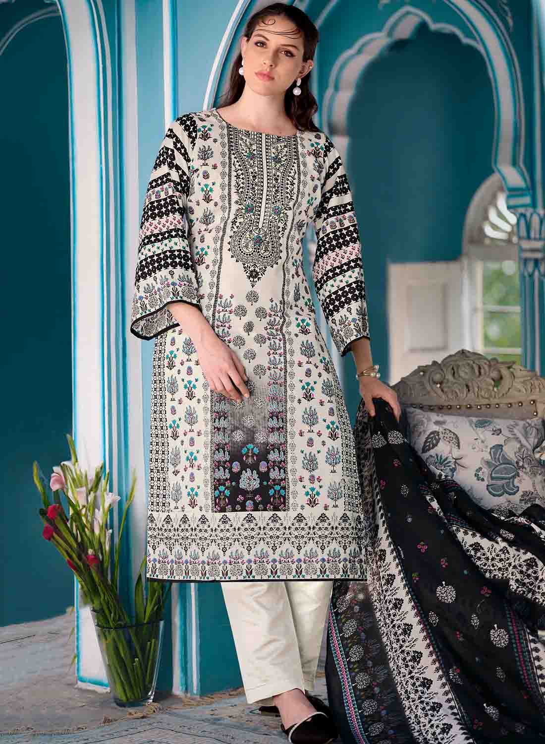 White Pakistani Print Unstitched Cotton Salwar Suit Material for Ladies
