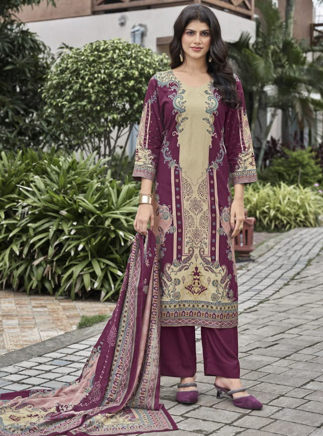 Maroon Pashmina Unstitched Winter Salwar Suit Material with Muslin Dupatta