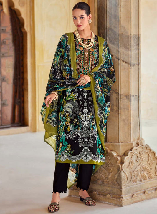 Women Black Pakistani Print Unstitched Pure Cotton Suit Dress Material