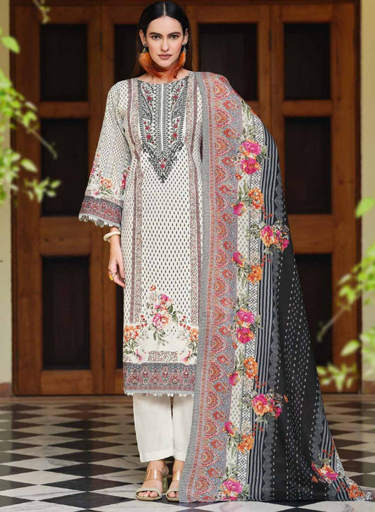 Pakistani Print White Unstitched Pure Cotton Suit Set Material with Embroidery