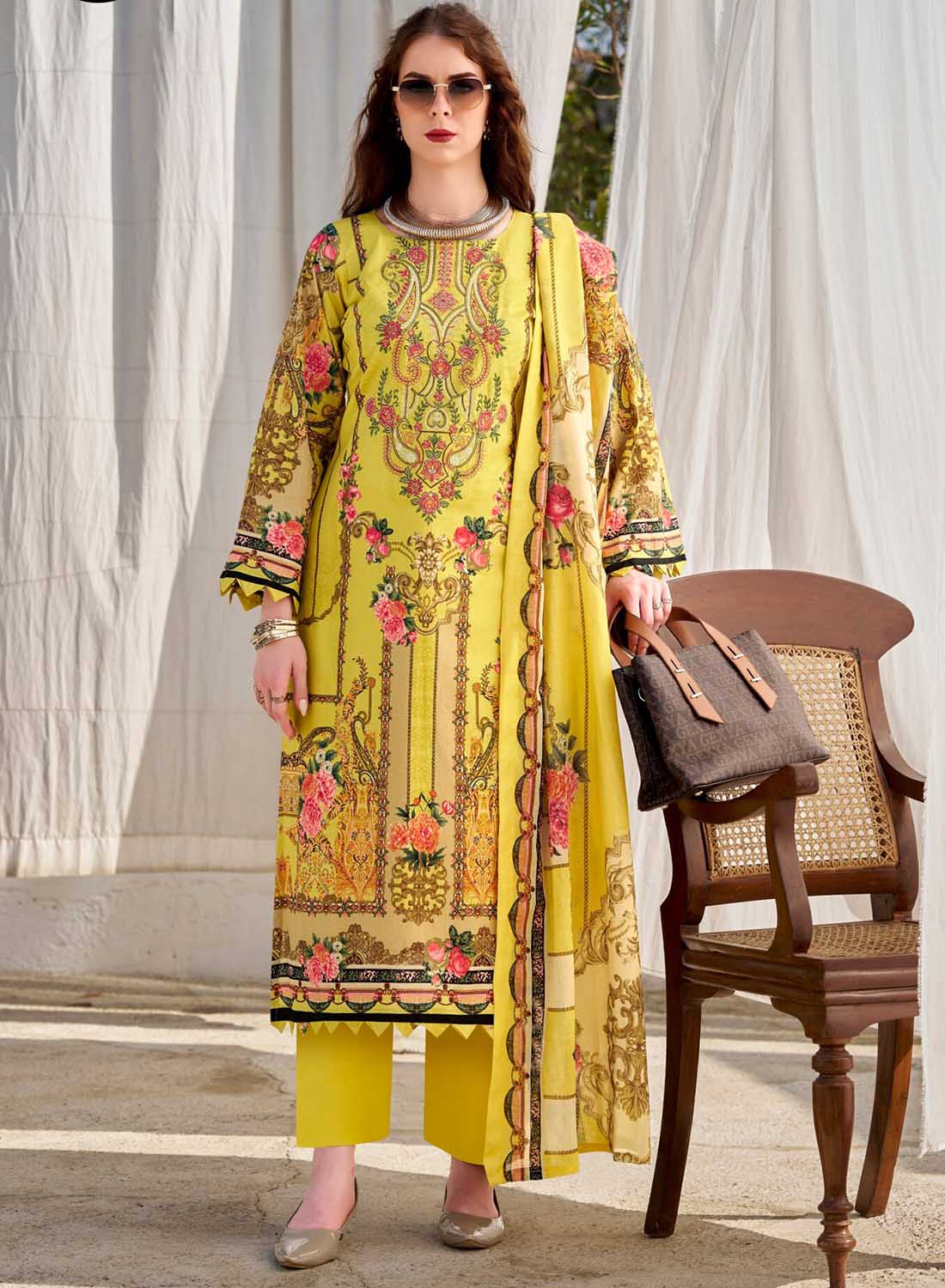 Pure Cotton Pakistani Print Green Unstitched Suit Material with Embroidery