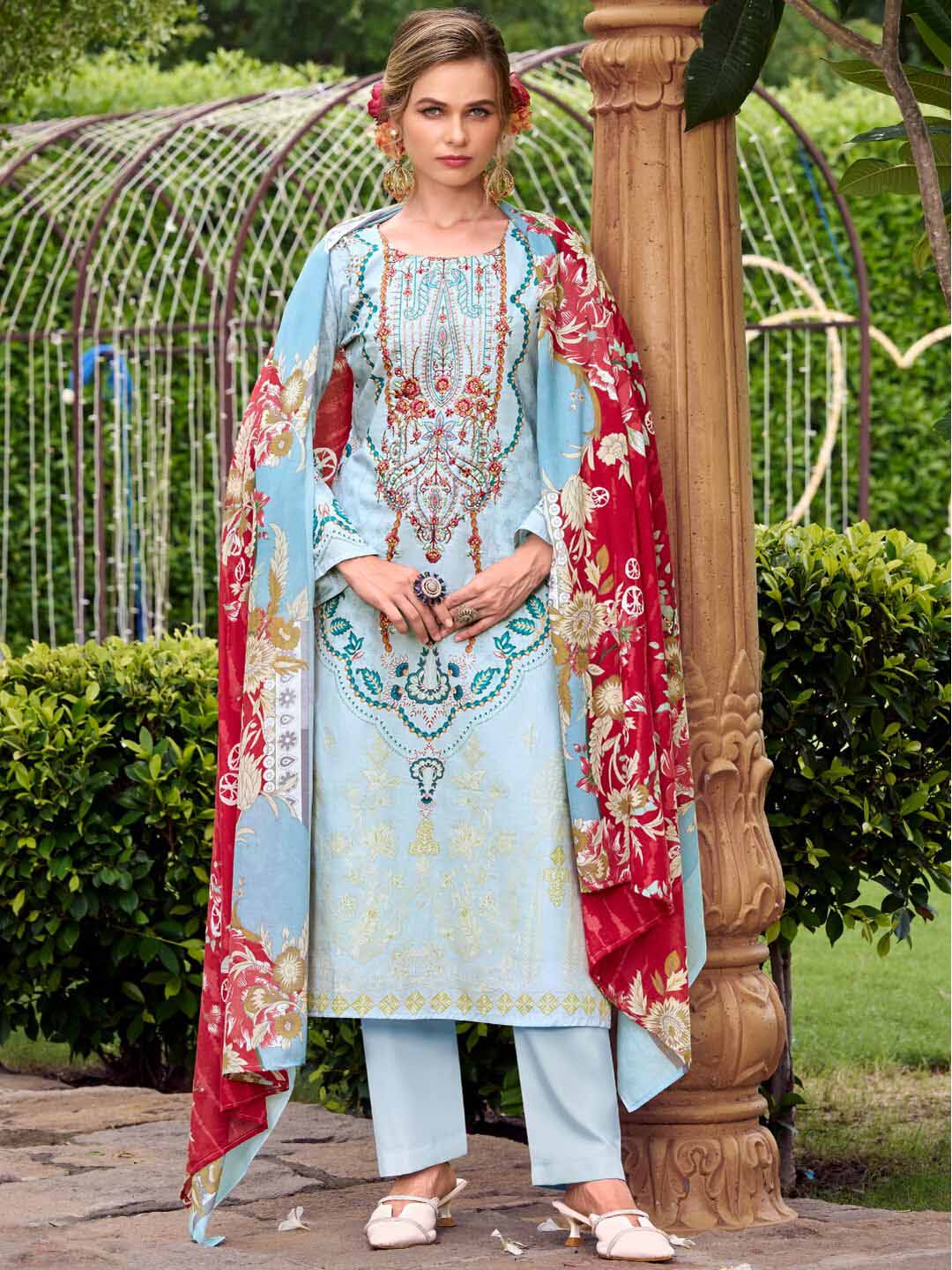 Pure Cotton Light Blue Pakistani Print Unstitched Suit Set for Women