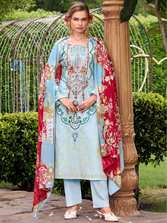Pure Cotton Light Blue Pakistani Print Unstitched Suit Set for Women