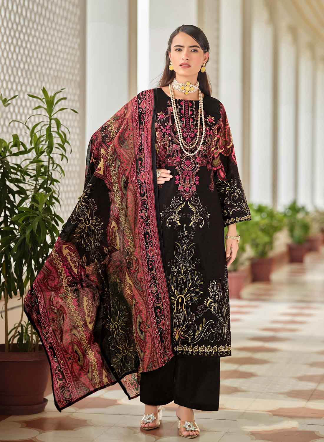 Women's Black Pakistani Print Unstitched Cotton Suit Dress Material