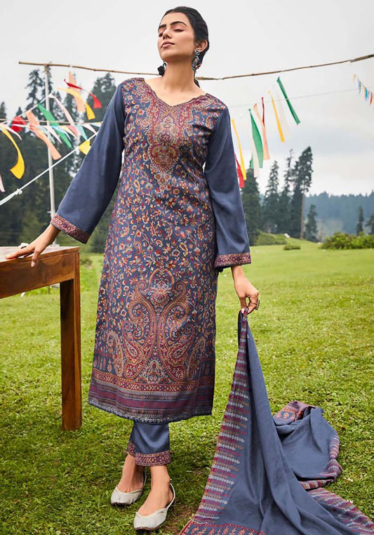 Women's Pashmina Printed Jacquard Blue Winter Suit Dress Material