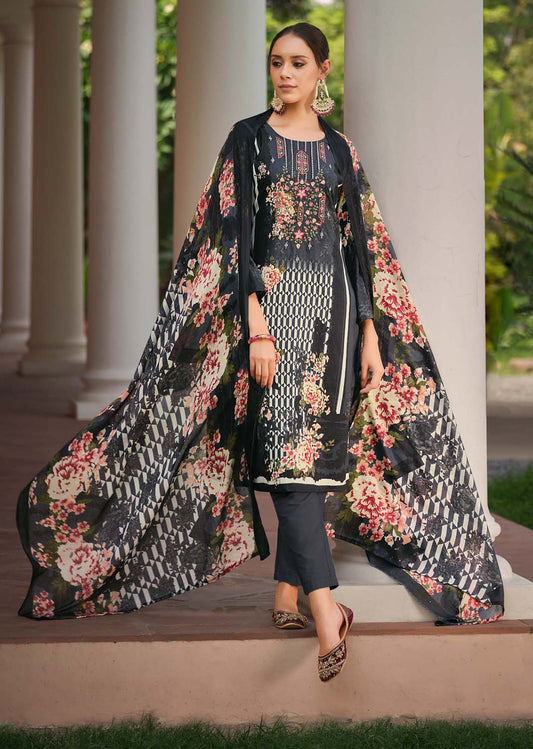 Belliza Pakistani Print Unstitched Women Cotton Salwar Suit Black Belliza