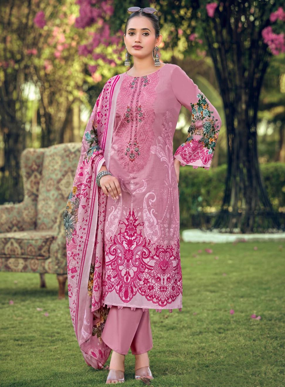 Pure Cotton Pink Pakistani Print Unstitched Suit Material with Embroidery