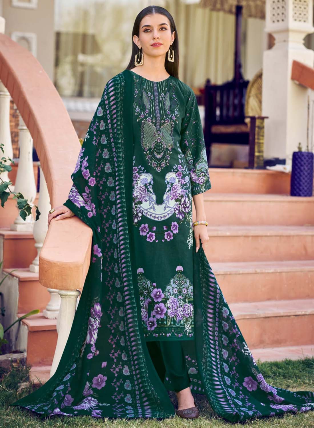 Green Pakistani Print Unstitched Pure Cotton Salwar Suit Material