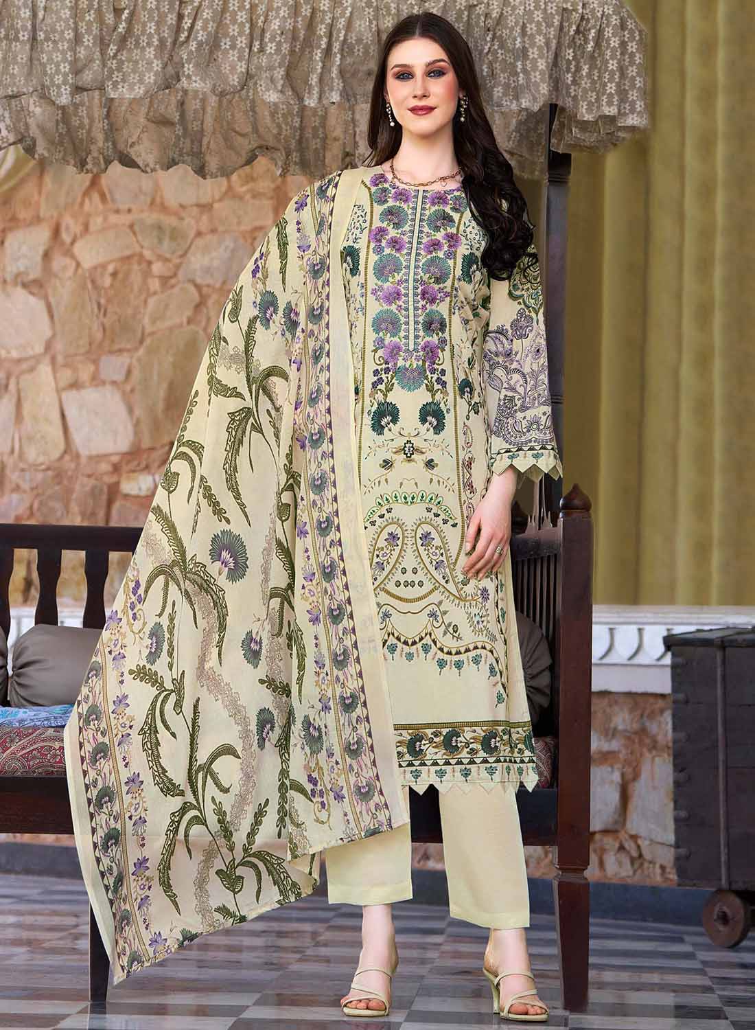 Pakistani Print Unstitched Pure Cotton Suit Dress Material with Embroidery