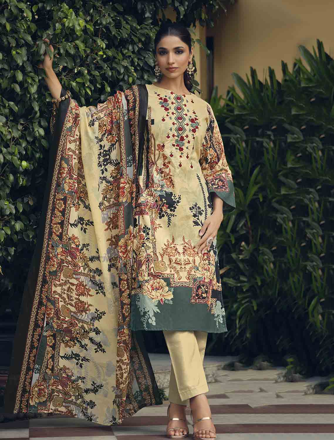 Belliza Pakistani Print Unstitched Cotton Suits with Dupatta Beige Belliza