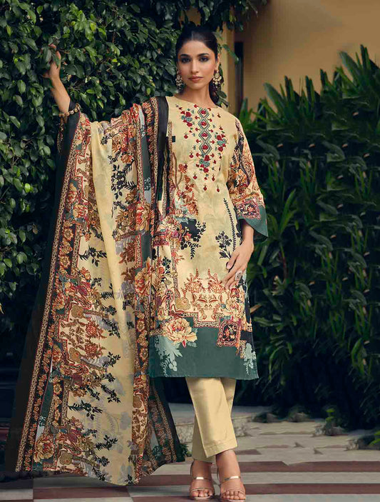 Belliza Pakistani Print Unstitched Cotton Suits with Dupatta Beige Belliza