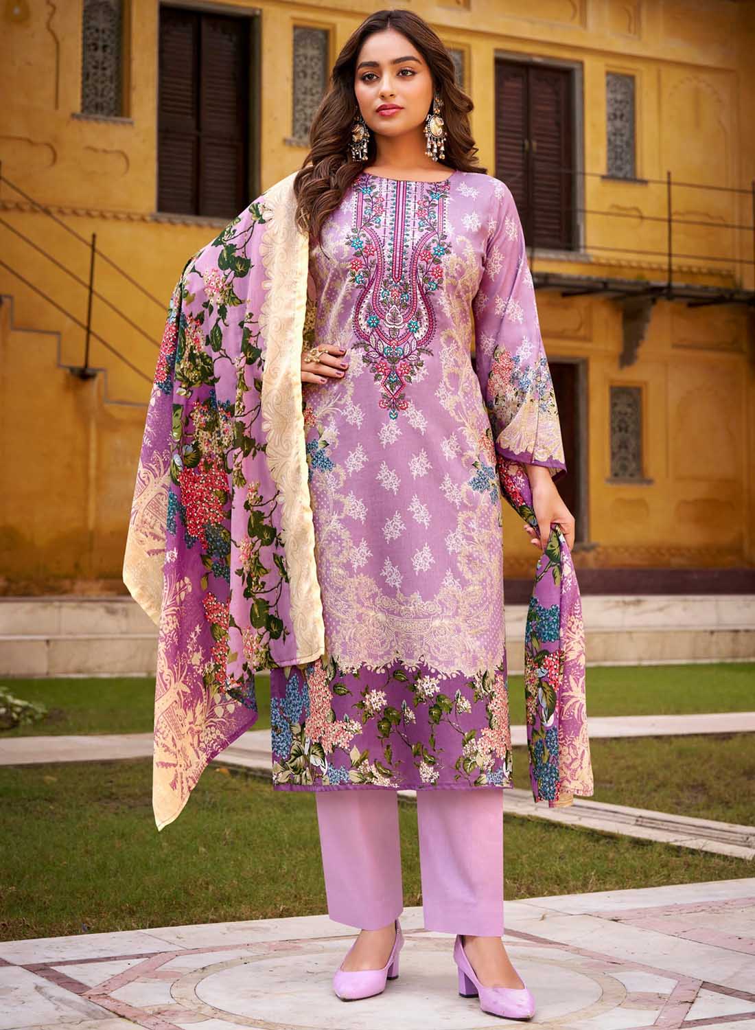 Pure Cotton Pakistani Print Unstitched Salwar Suit Set with Embroidery