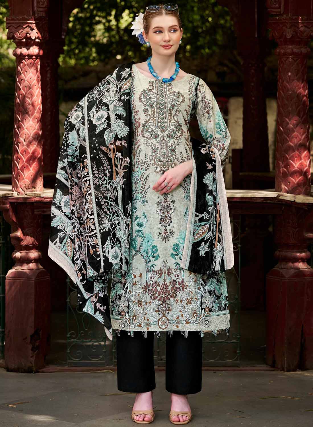 Pakistani Pure Cotton Unstitched Suit Material with Embroidery Grey