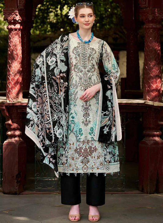 Pakistani Pure Cotton Unstitched Suit Material with Embroidery Grey