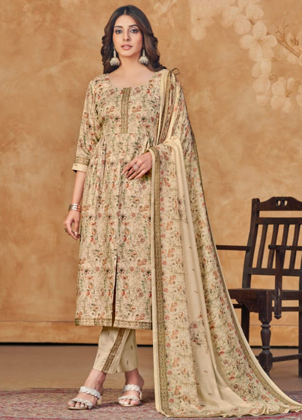 Rivaa Beige Printed Pashmina Women Unstitched Winter Suit Material Rivaa