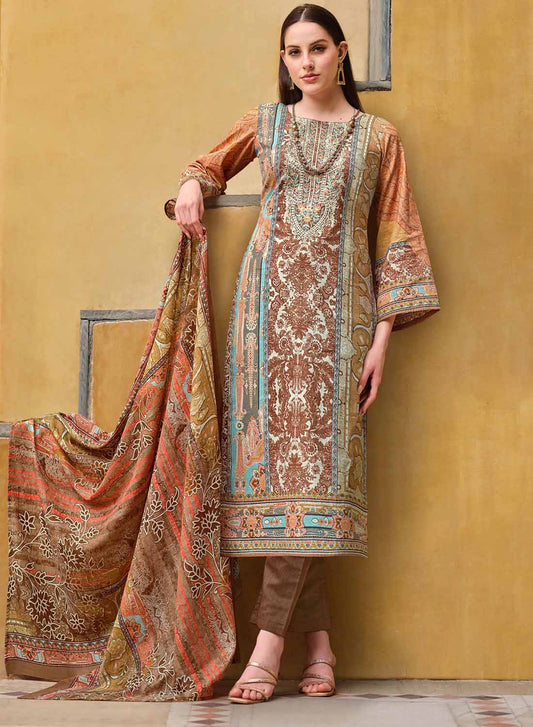 Brown Unstitched Pakistani Print Cotton Suit Dress Material for Ladies