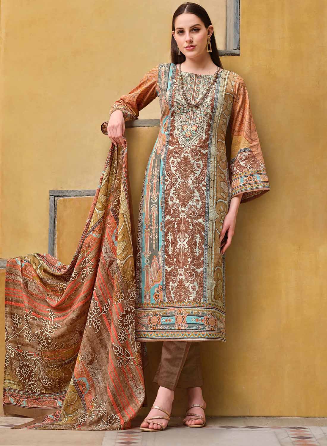 Brown Unstitched Pakistani Print Cotton Suit Dress Material for Ladies
