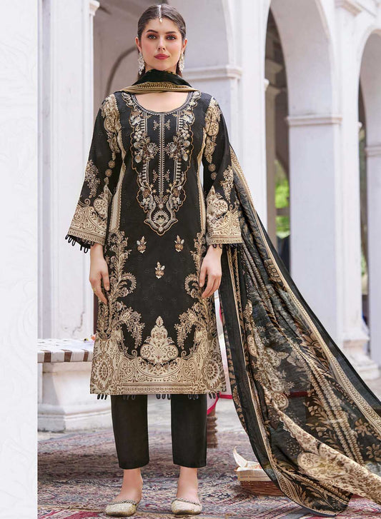 Pakistani Print Black Unstitched Pure Cotton Suit Material with Embroidery