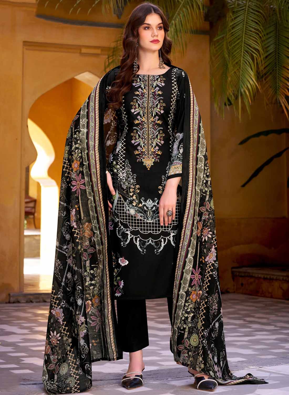 Black Pure Cotton Pakistani Print Unstitched Salwar Suit Set Material