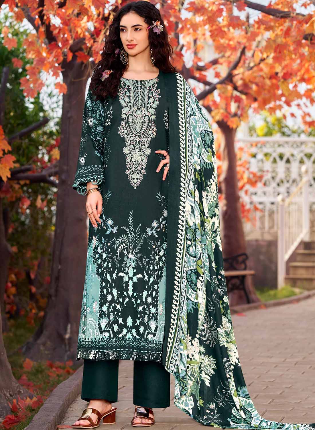 Pure Cotton Unstitched Pakistani Suit Material with Embroidery Dark Green