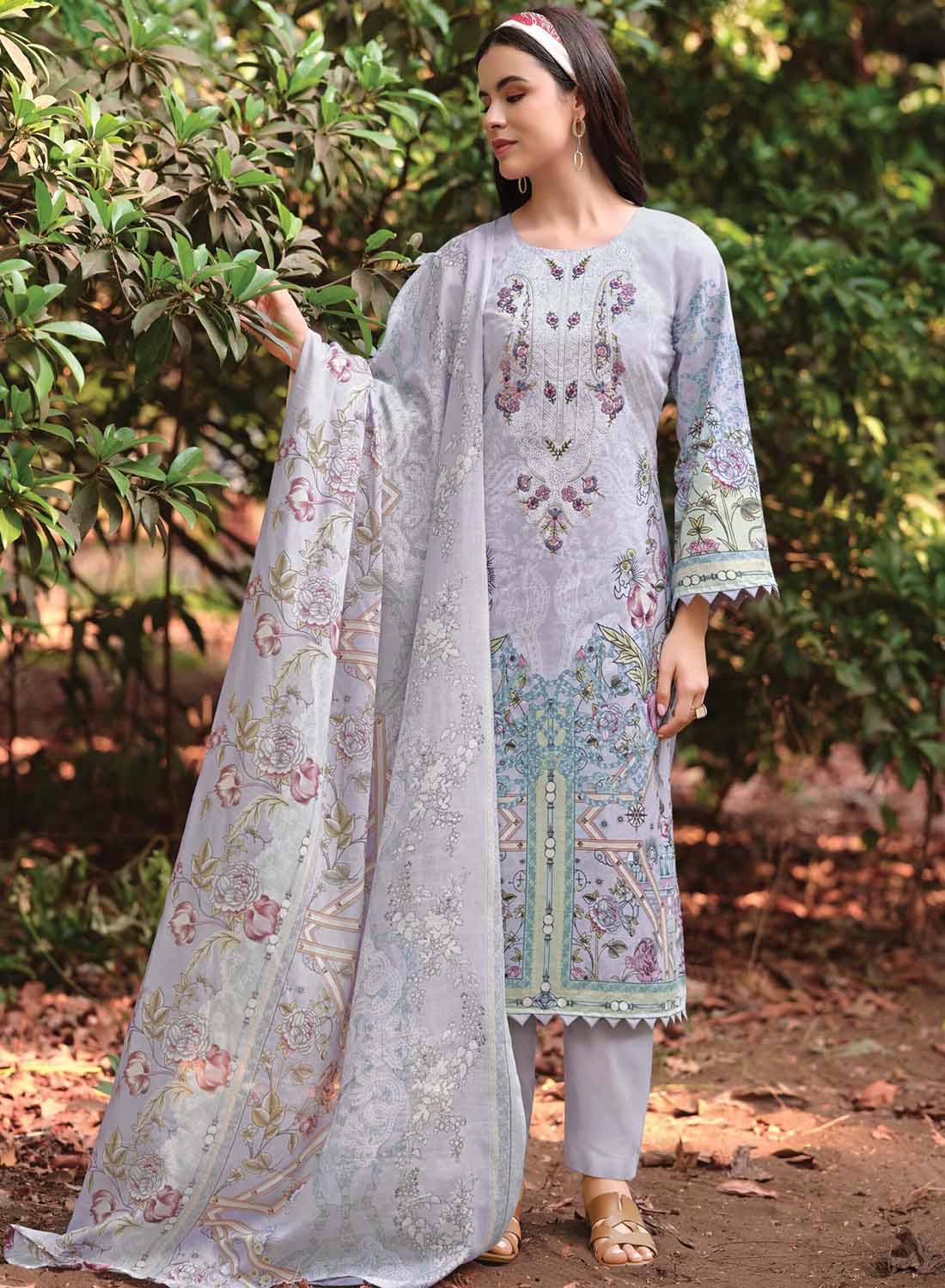 Pure Cotton Pakistani Print Grey Unstitched Suit Material with Embroidery