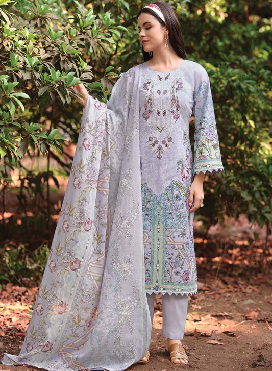 Pure Cotton Pakistani Print Grey Unstitched Suit Material with Embroidery