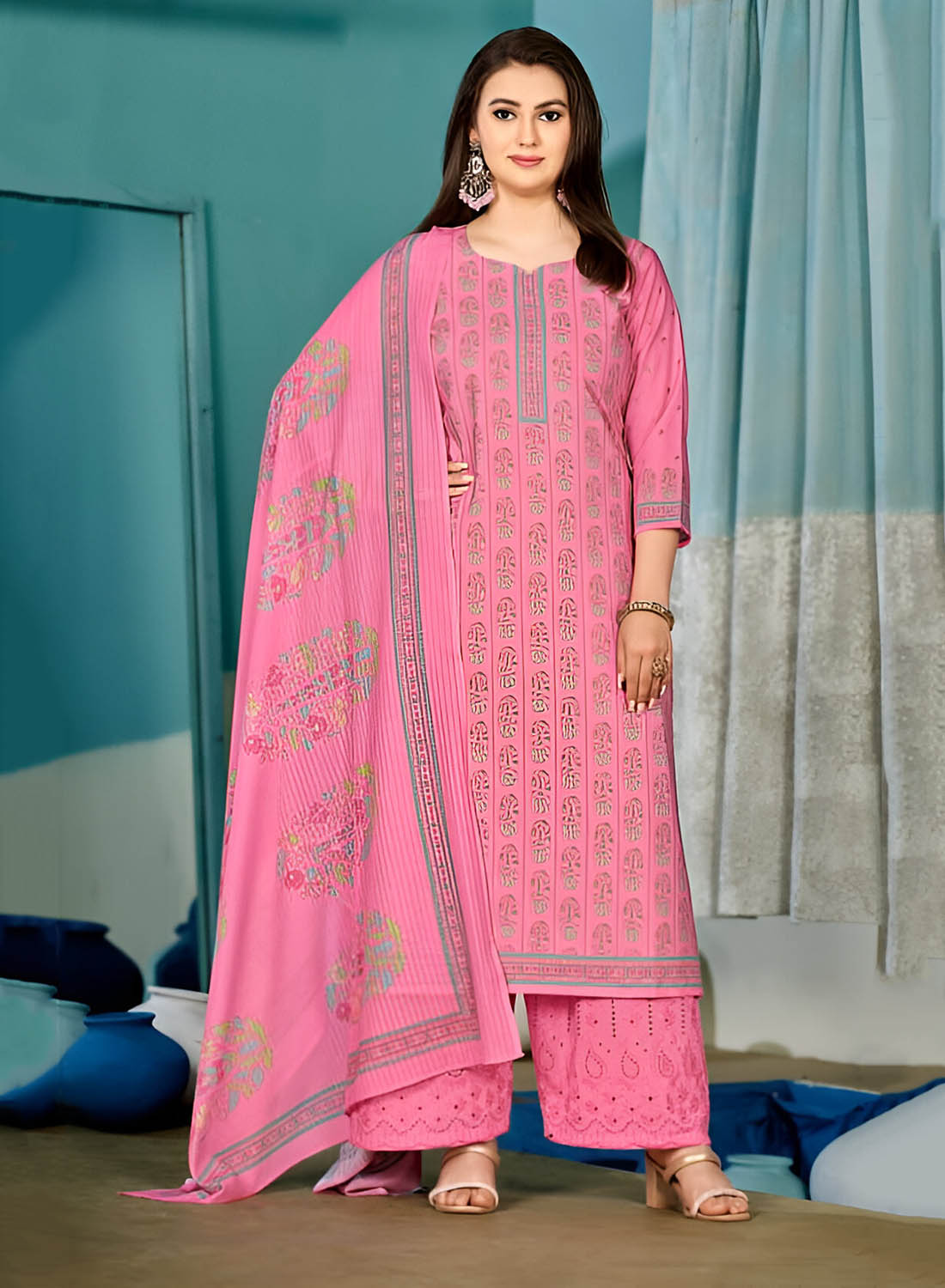 Rivaa Pure Cotton Printed Pink Unstitched Suit Material for Women