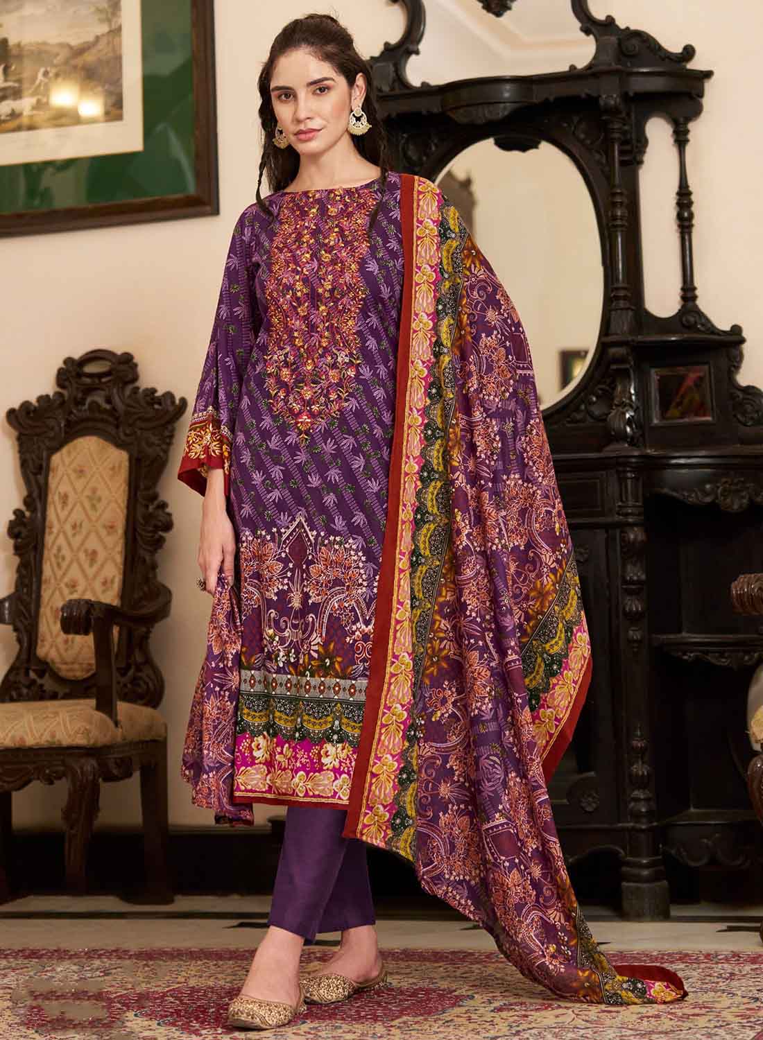 Purple Pakistani Print Unstitched Cotton Suit Dress Material with Dupatta