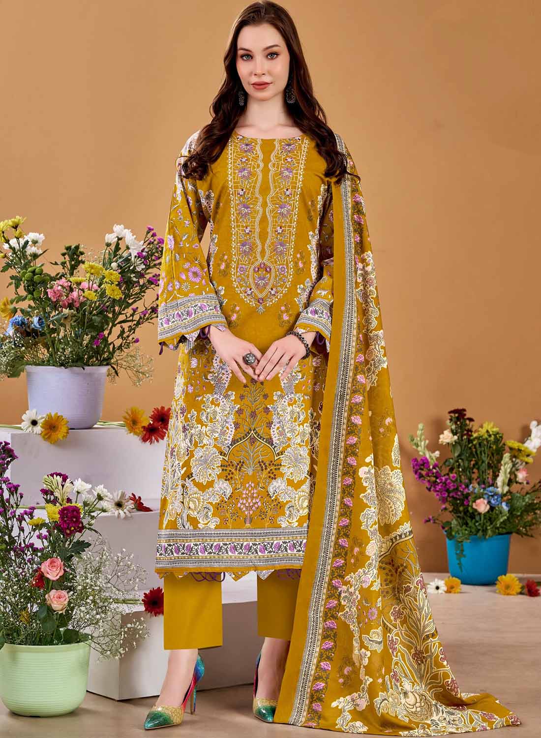 Pakistani Print Mustard Unstitched Pure Cotton Suit Material with Embroidery