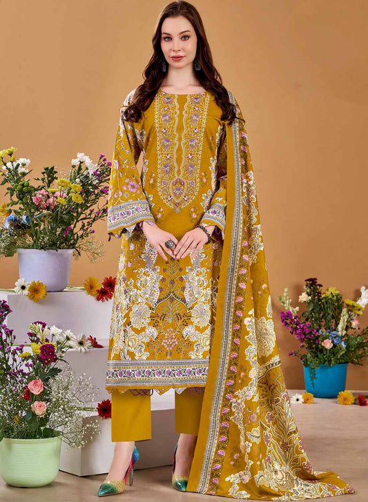 Pakistani Print Mustard Unstitched Pure Cotton Suit Material with Embroidery
