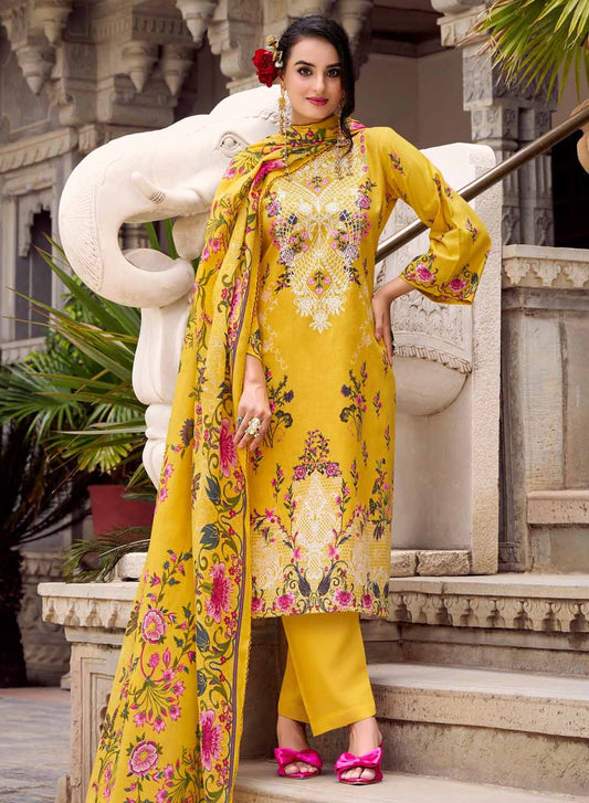 Yellow Pure Cotton Pakistani Print Unstitched Suit Set with Embroidery