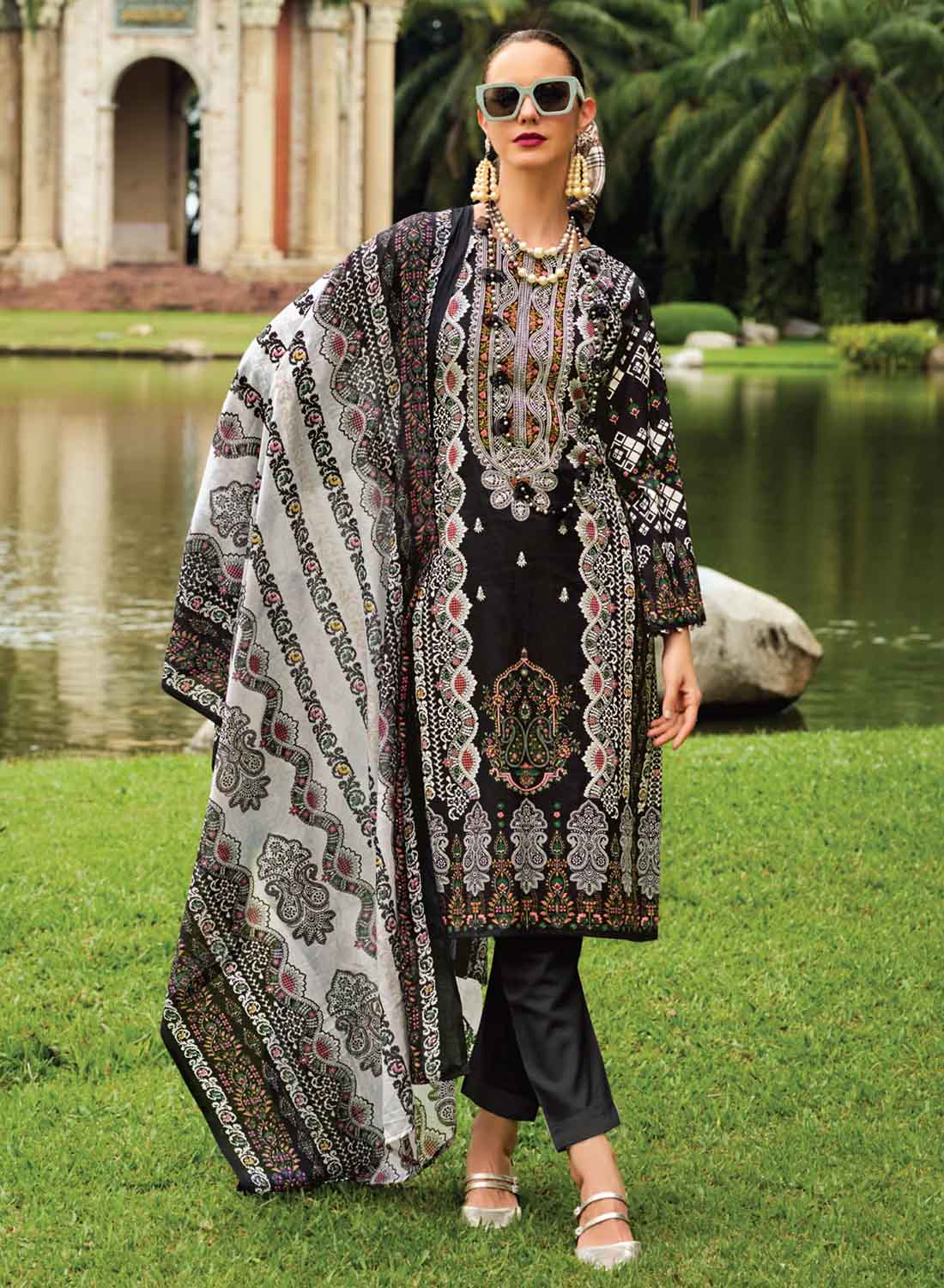 Black Pakistani Print Unstitched Pure Cotton Suit Material with Embroidery