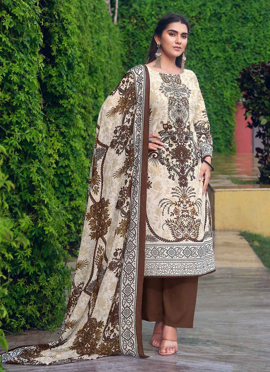 Cotton Pakistani Print Unstitched Women Salwar Suit Material Brown