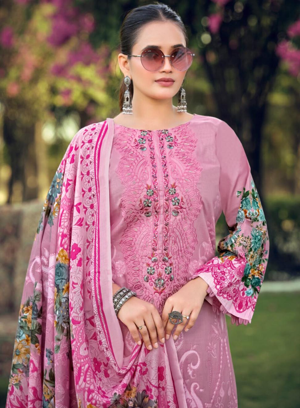 Pure Cotton Pink Pakistani Print Unstitched Suit Material with Embroidery