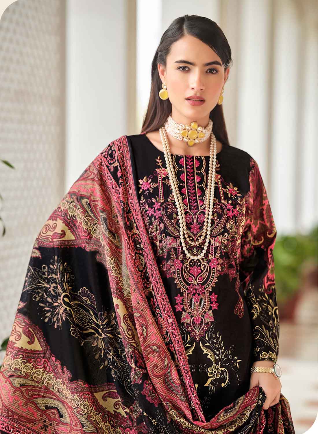 Women's Black Pakistani Print Unstitched Cotton Suit Dress Material