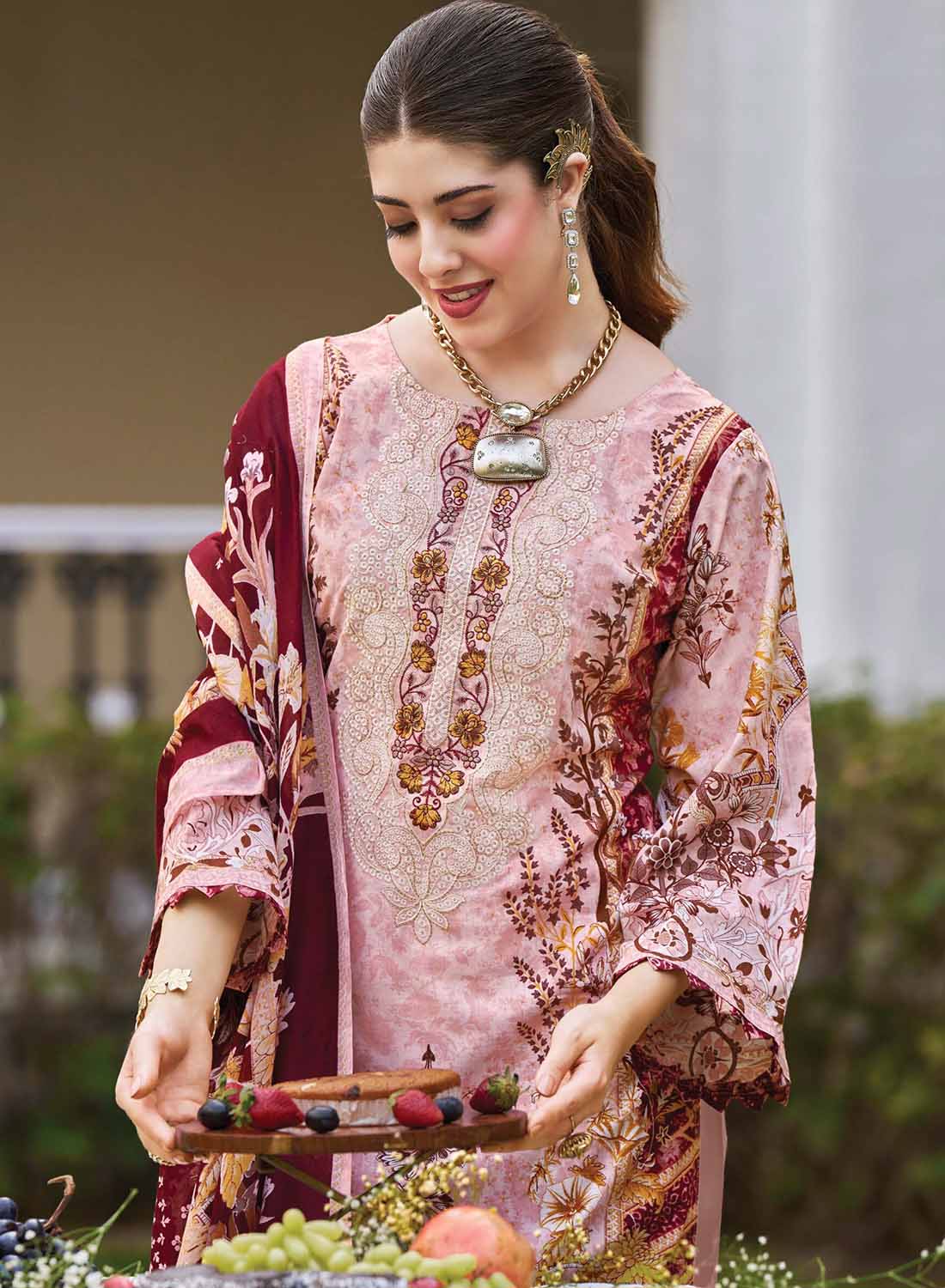 Pakistani Print Pure Cotton Unstitched Suit Set Material with Embroidery