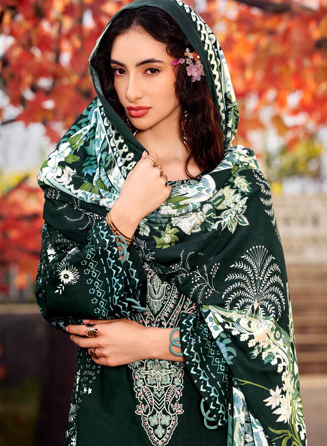 Pure Cotton Unstitched Pakistani Suit Material with Embroidery Dark Green