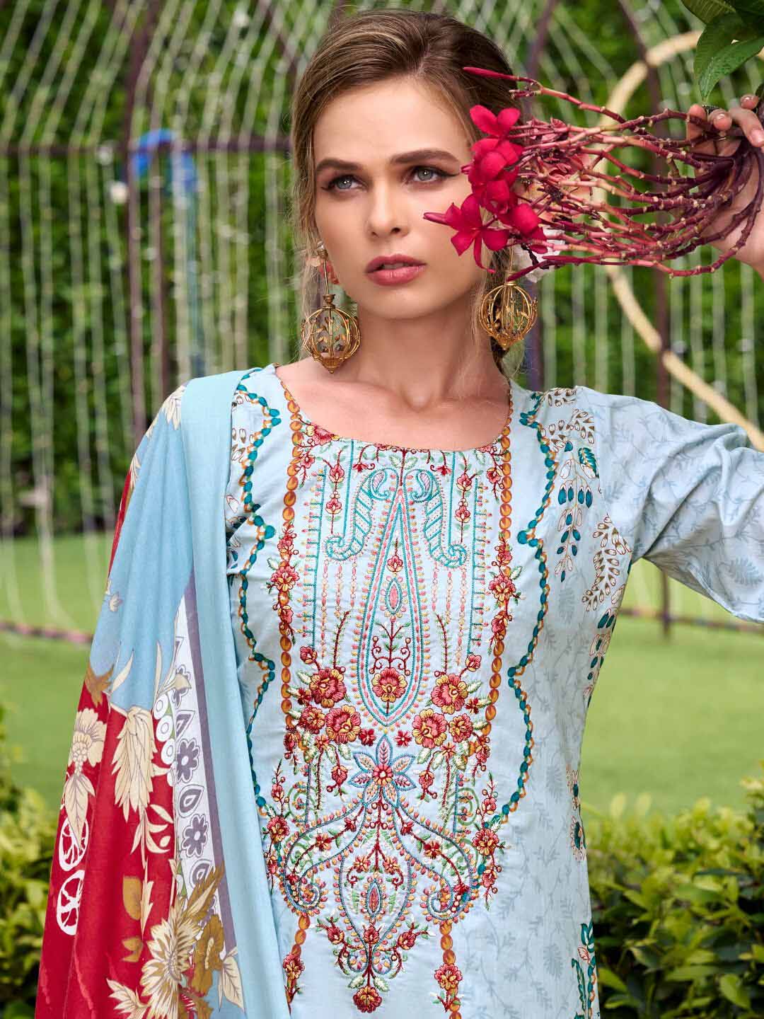 Pure Cotton Light Blue Pakistani Print Unstitched Suit Set for Women