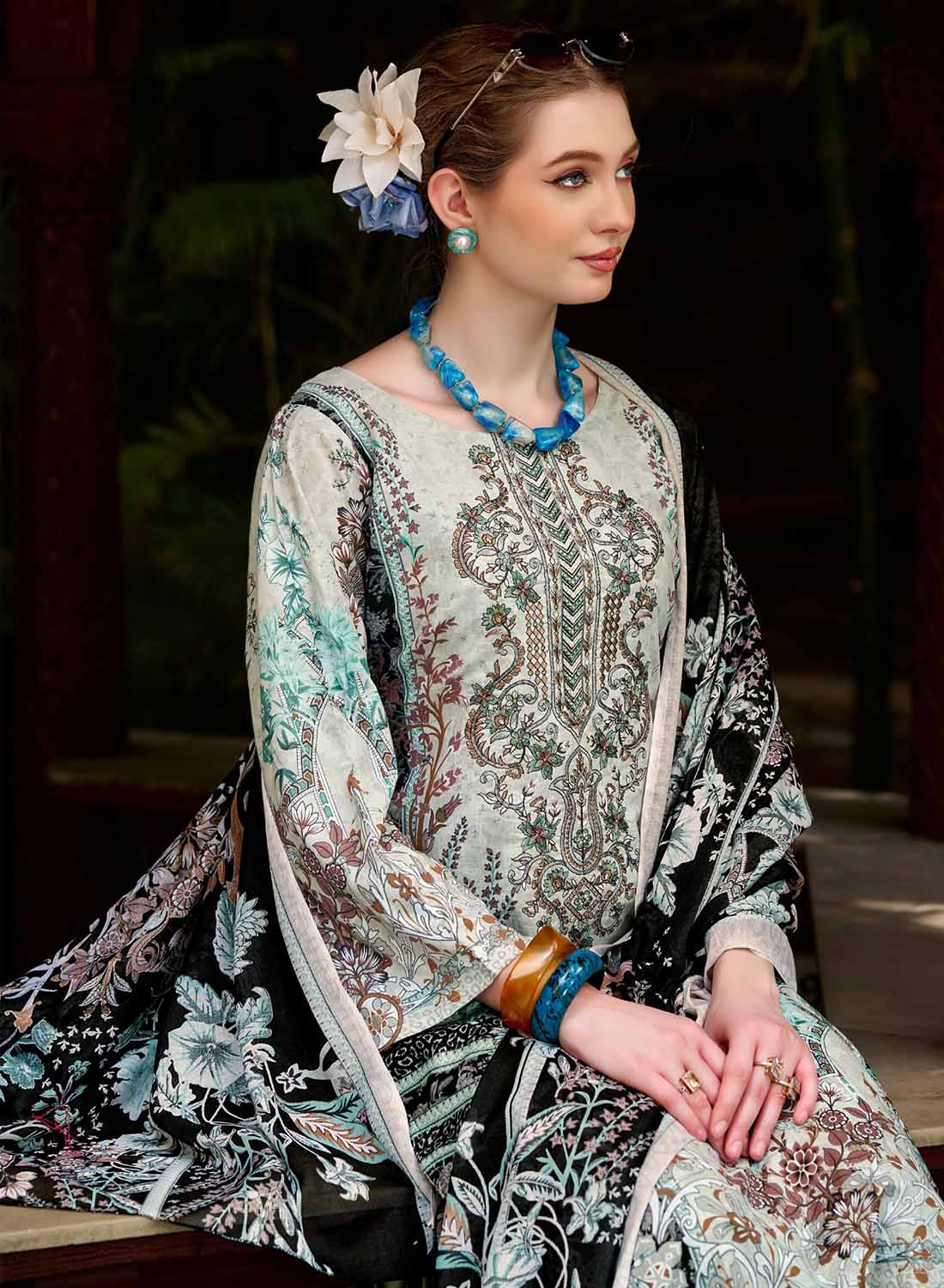 Pakistani Pure Cotton Unstitched Suit Material with Embroidery Grey