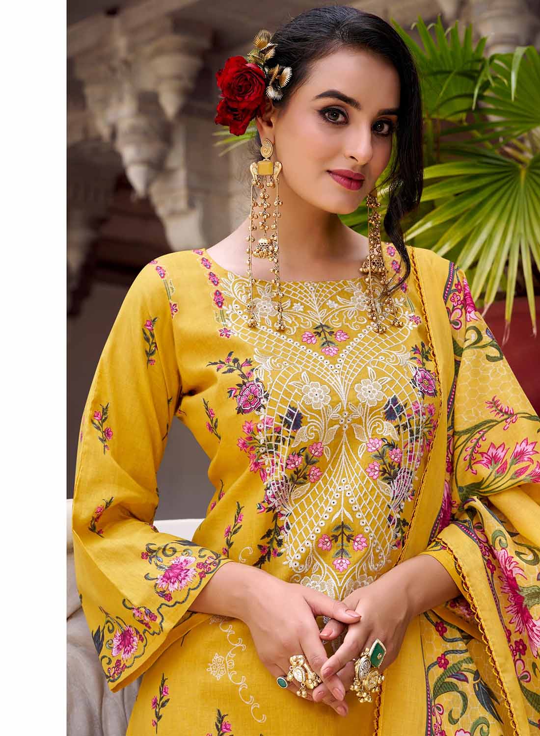 Yellow Pure Cotton Pakistani Print Unstitched Suit Set with Embroidery