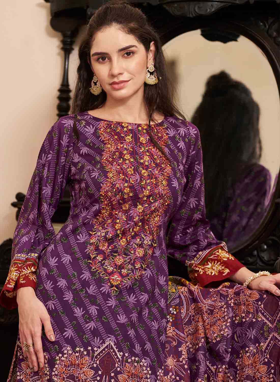 Purple Pakistani Print Unstitched Cotton Suit Dress Material with Dupatta