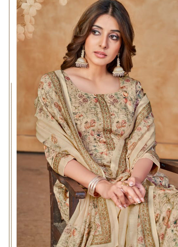 Rivaa Beige Printed Pashmina Women Unstitched Winter Suit Material Rivaa