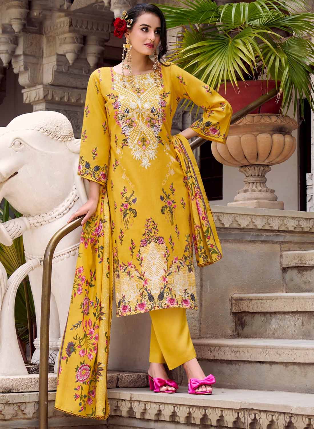 Yellow Pure Cotton Pakistani Print Unstitched Suit Set with Embroidery