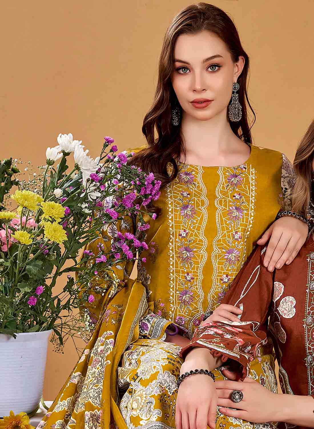 Pakistani Print Mustard Unstitched Pure Cotton Suit Material with Embroidery