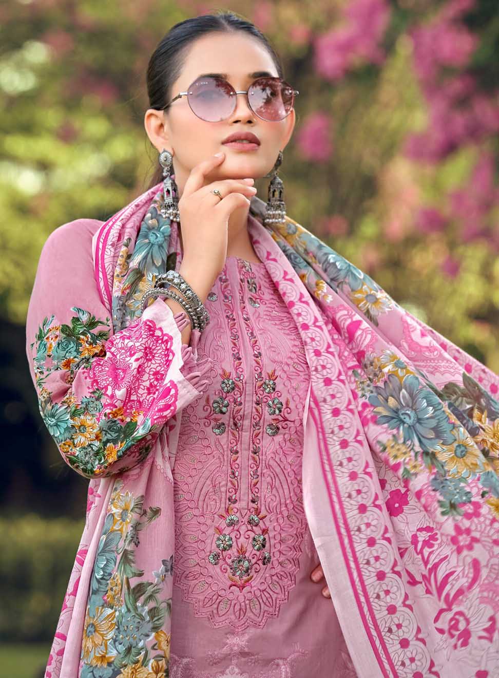 Pure Cotton Pink Pakistani Print Unstitched Suit Material with Embroidery